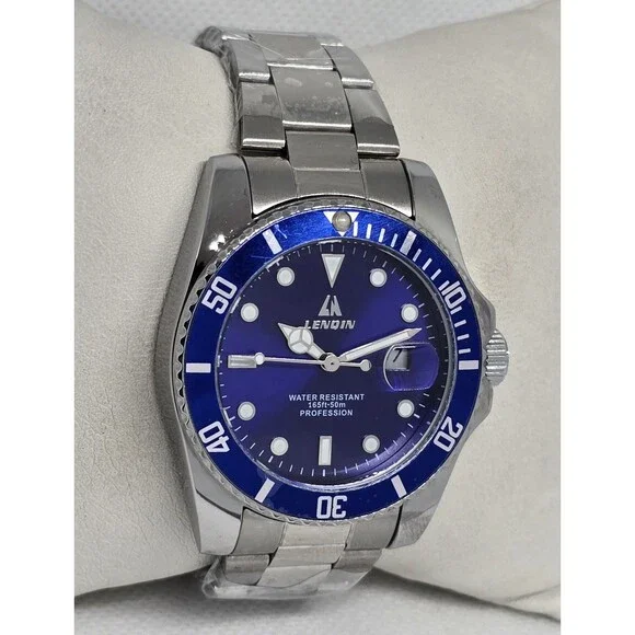 Men's Lenqin Classic Silver Tone Blue Dial Luminous Date Bracelet Watch 13 - Picture 3 of 8